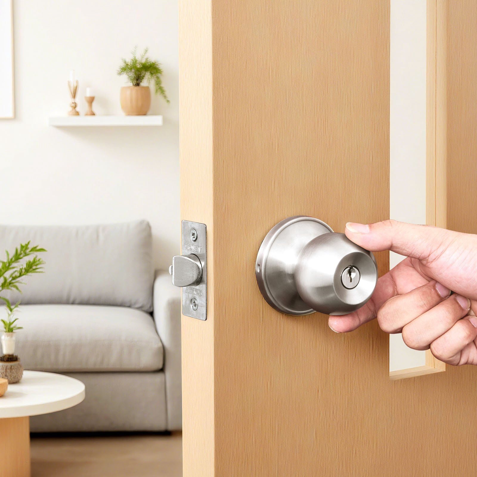 Round Privacy Door Knob - Satin Nickel Finish, Keyed Entry Bedroom & Bathroom Lock, Interior Door Handle with Matching Backplate (1-Pack)