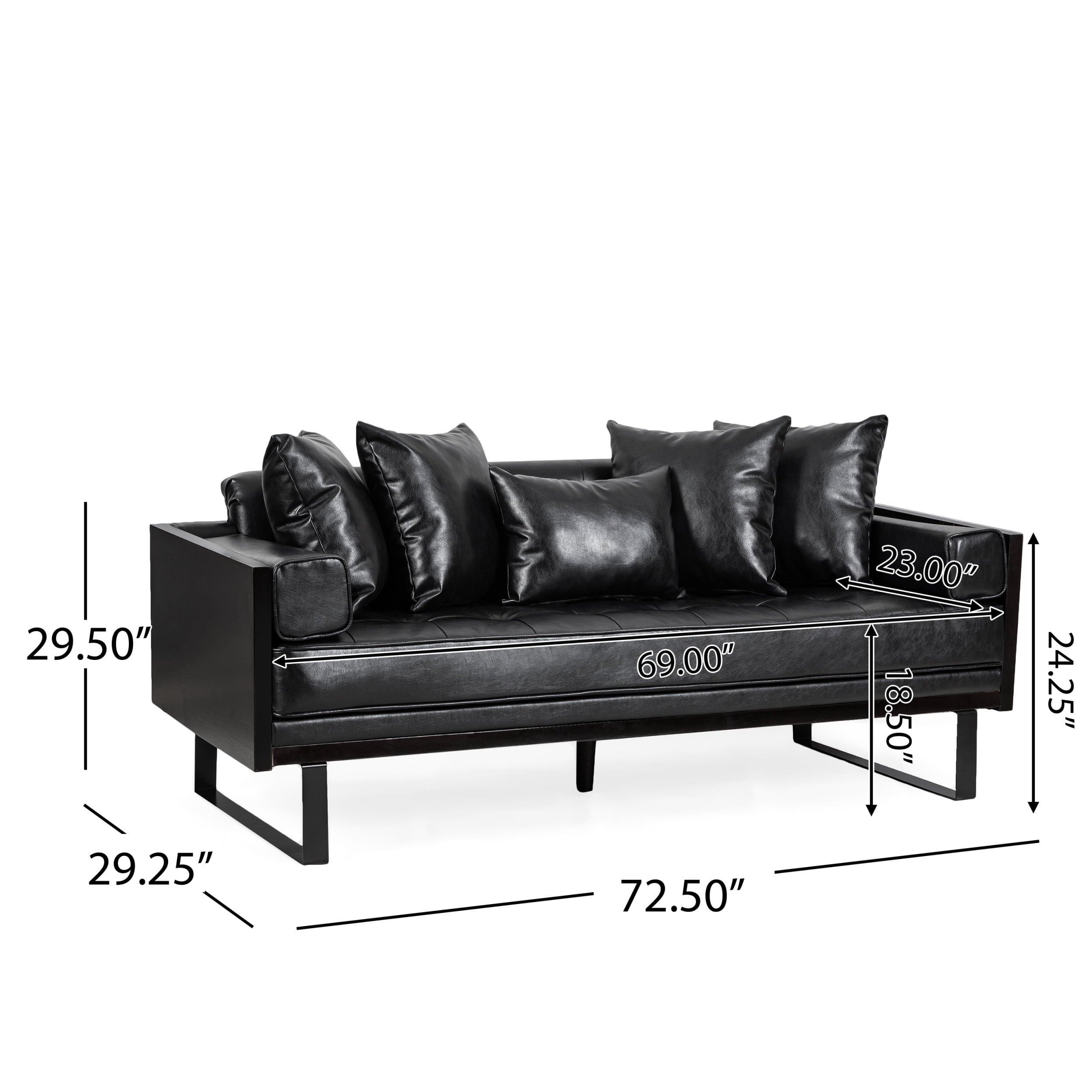 Noble House Gould Faux Leather Upholstered Oversized Loveseat with Accent Pillows, Midnight Black and Black