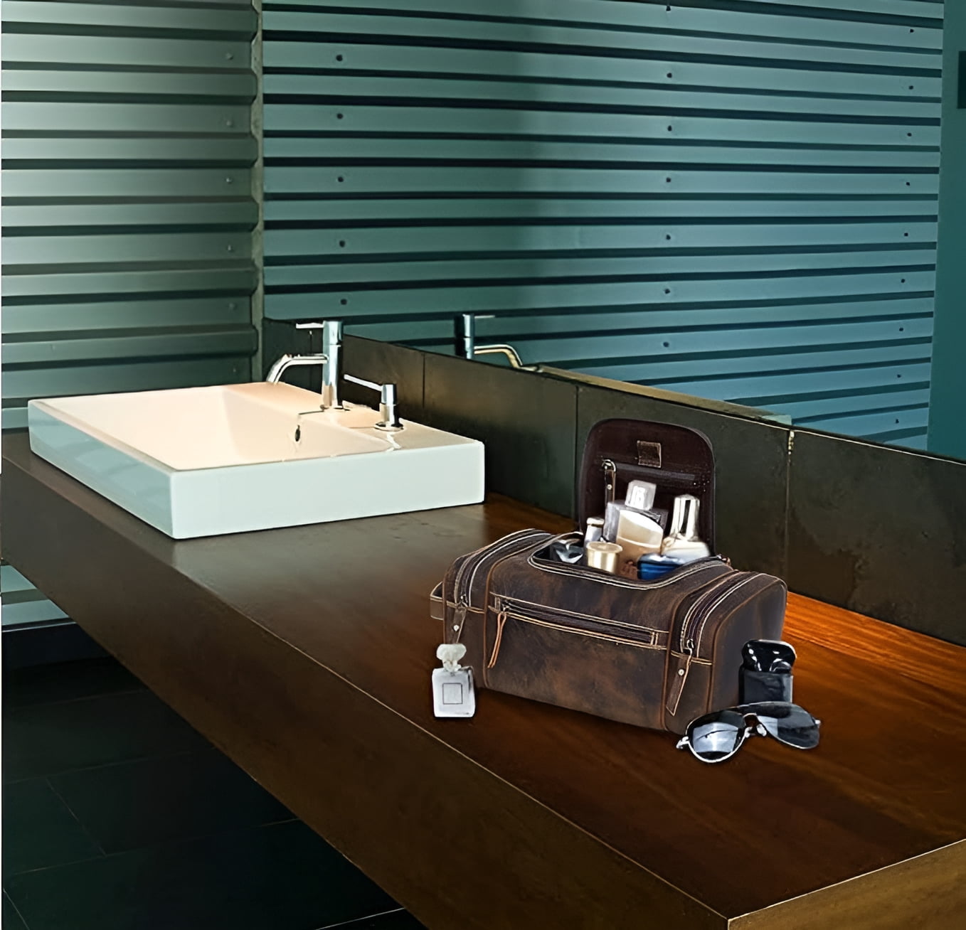 RUZIOON Genuine Leather Toiletry Bag for Men - Extra Large Leather Men's Toiletry Bag for Traveling Hanging, Real Leather Dopp Kit for Men Leather Shaving Bag for Travel