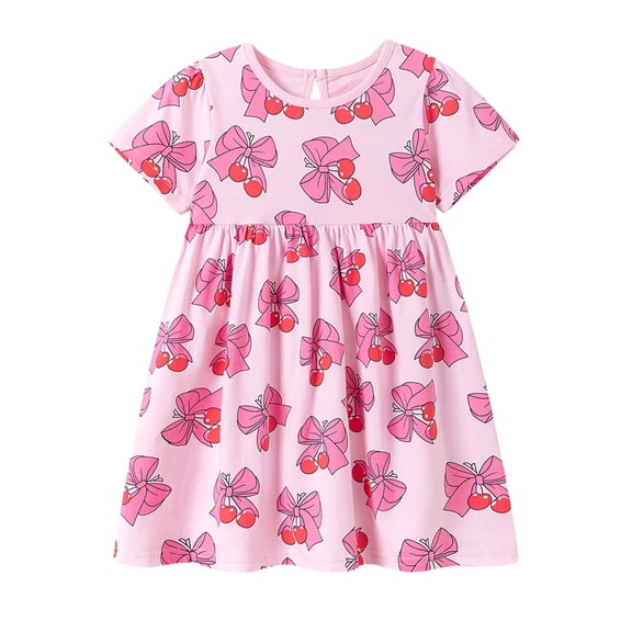 HWJAD 2026 New Style Toddler Girls Short Sleeve Cotton Dress Bows Love Heart Casual Summer Dress Kids Swing Dress