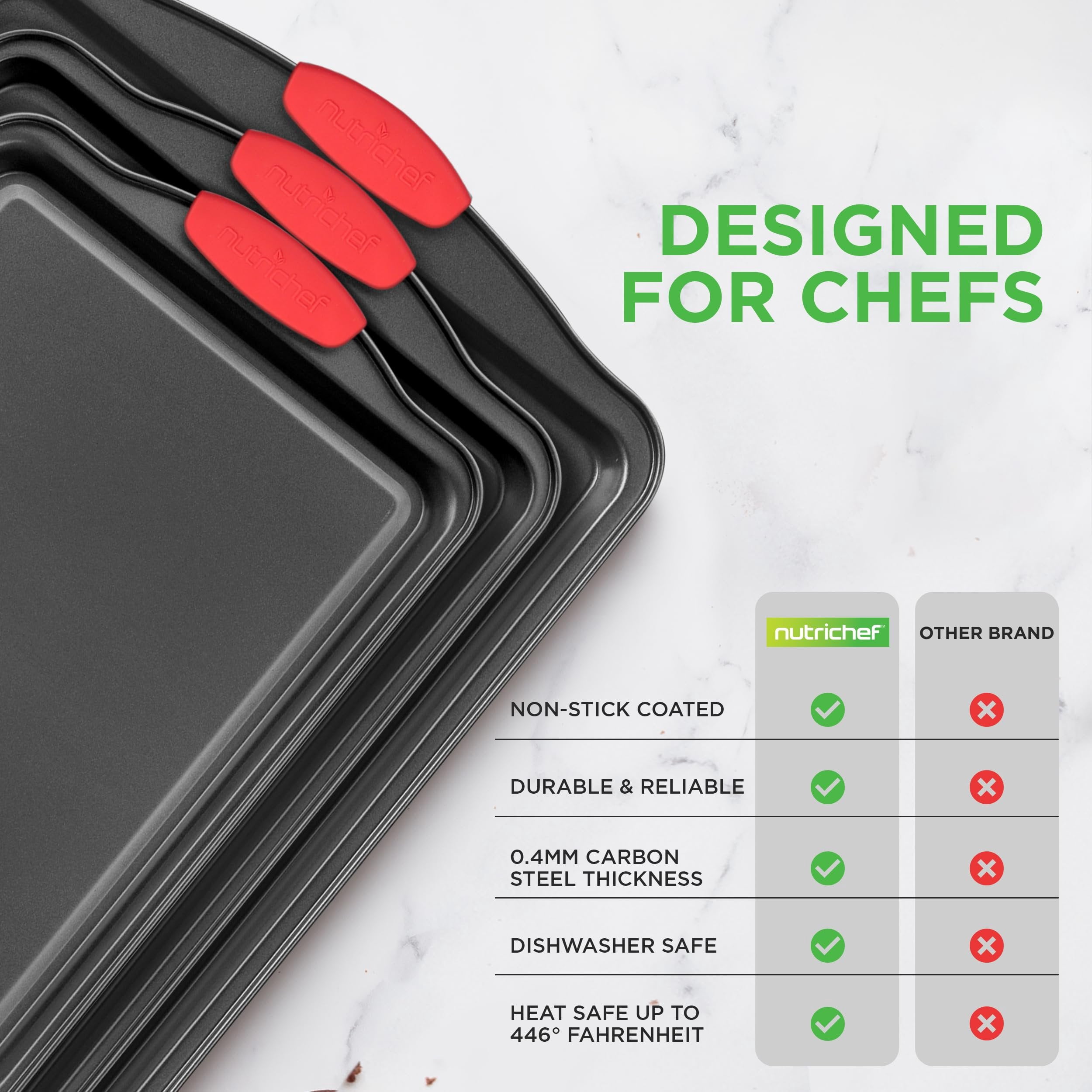 NutriChef Nonstick Baking Pans Set  Premium Cookie Sheets for Baking, Carbon Steel Stackable Baking Trays with Red Silicone Handles, Oven Safe Pans for Cookies, and Cakes, Dishwasher Safe 6 Pack