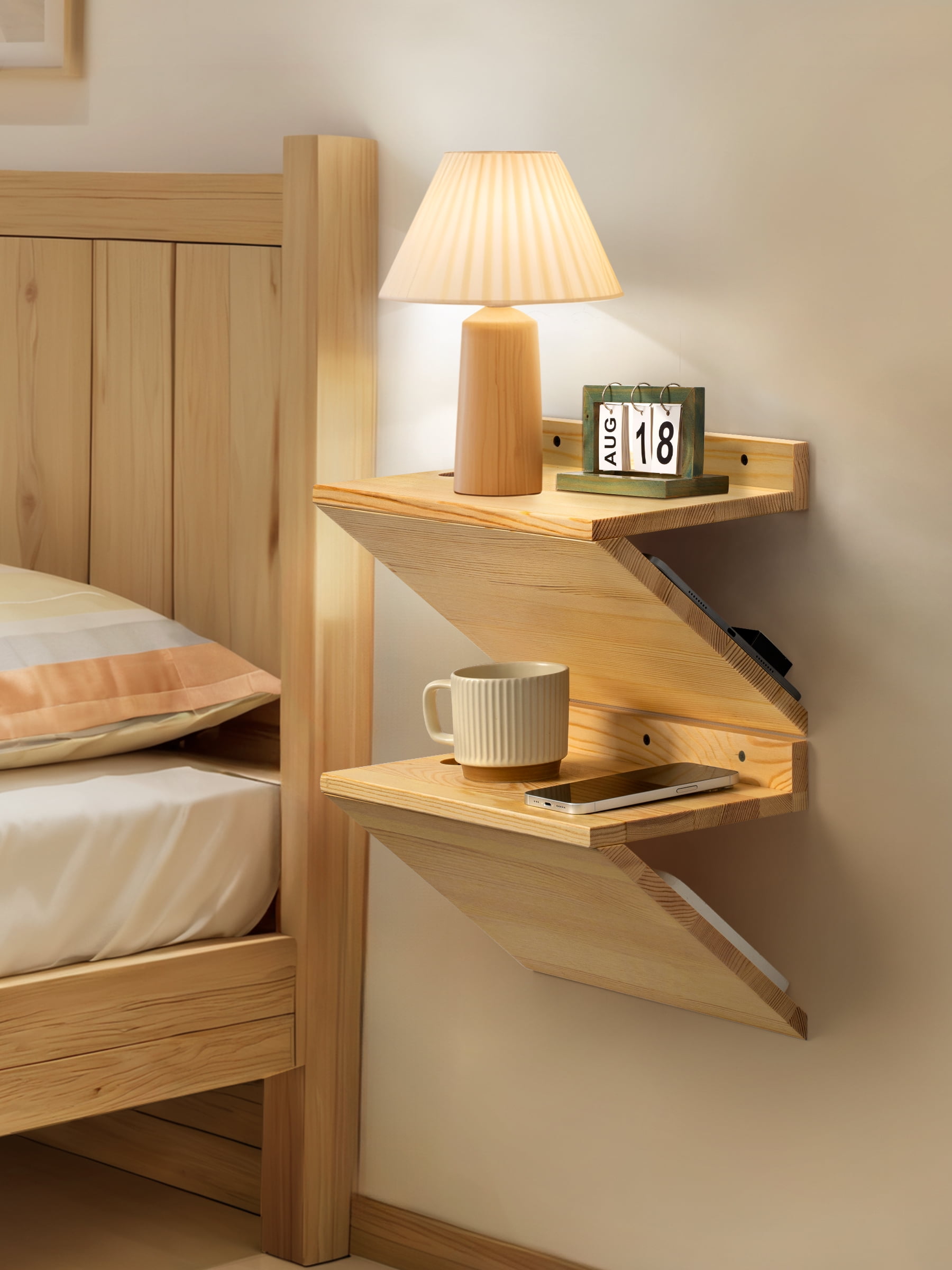 Gronda Floating Nightstand Set of 2, Solid Pine Wood Z-Shaped Wall Mounted Bedside Tables with Cable Hole, Modern Hanging Nightsatands for Bedroom