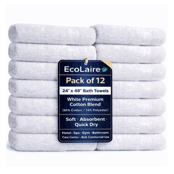 EcoLaire Bath Towels, Pack of 12, 24 x 48 in, Premium Cotton Blend, Soft Absorbent Quick-Dry, White, for Hotel, Vacation Rental, Spa, Salon and Home