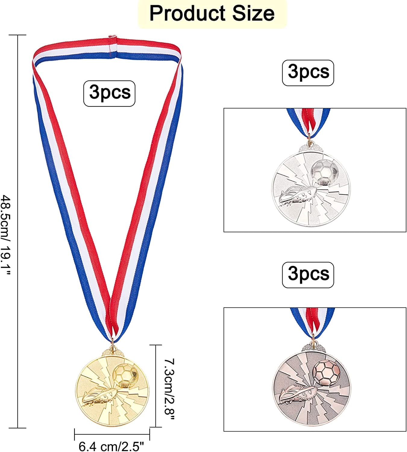 9 Packs 2.5 Inch Sport Game Medals Winner Award Sports Medals Genuine Award Medals Gold Silver and Bronze Medals Soccer Sports Medals with Nick Ribbon