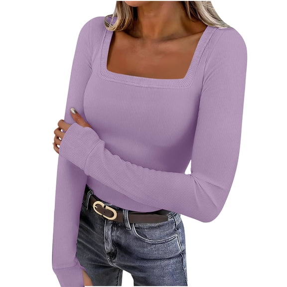 DAFPZW Long Sleeve Shirts for Women Slim Fit Square Neck Basic Tops with Thumb Holes Soft Classic Solid Going Out Tops
