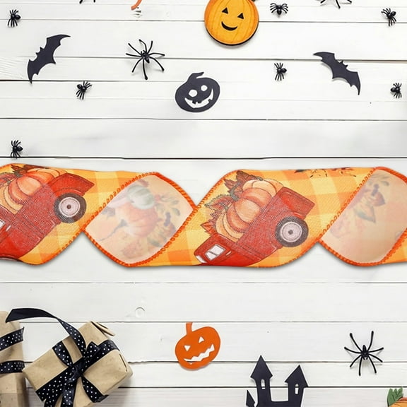 hengsof Halloween Fall Pumpkin Craft Ribbons for Wreath Bows, Thanksgiving Wired Edge Orange Burlap Ribbons with Autumn Leaves
