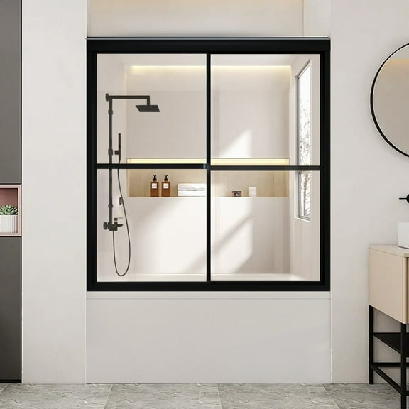 55"-59"W*56" H Framed Double Sliding Tub Door, Bypass Bathtub Glass Doors, Shower Door with 1/6" (4mm) Clear Tempered Glass, Matte Black Finish