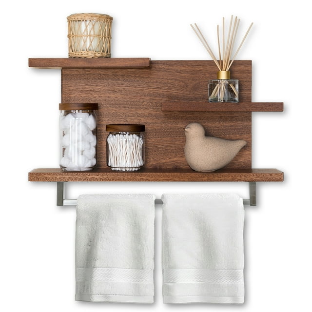 Straga Handmade 23" Mahogany Floating 3-Tier Bathroom Shelf with 18" Towel Bar – Solid Wood Modern Design for Towels, Toiletries & Décor – Bathroom, Kitchen, Living Room, Bedroom – Made in Canada 03