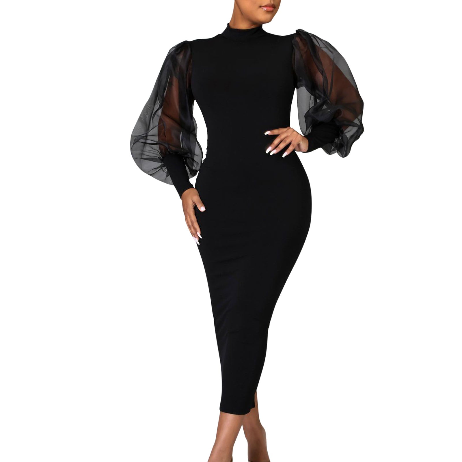 Sayhi Women Casual Dress Solid Mesh Splice Long Sleeve Dress Slim Turtleneck plus Size Beach