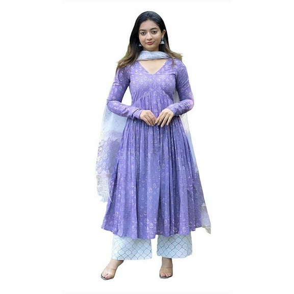 Nermosa Women Printed Anarkali Kurta and Pant Set with Dupatta - Indian Ethnic Traditional Wear Anarkali Kurta Set