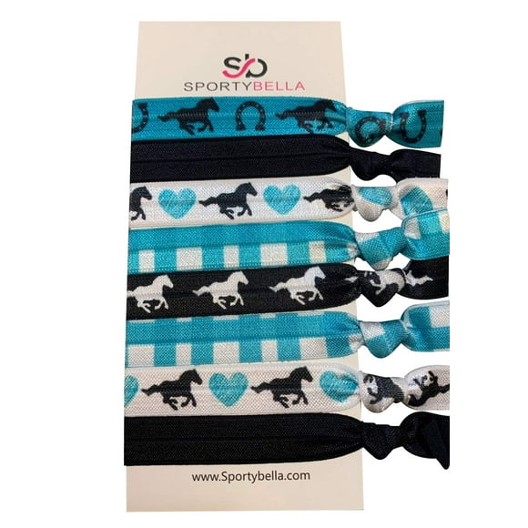 Sportybella Élastiques à Cheveux pour Filles (Bleu Sarcelle/noir) - Sans Pli, Sans Traction, avec Motif de Cheval, Cadeau pour Équestres, 8 Pcs