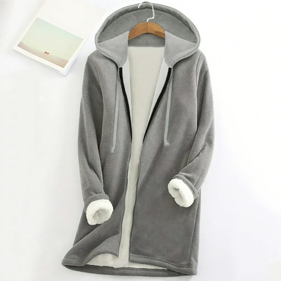 Karight Winter Jackets Womens Zip Up Knee Length Tunic Coat Winter Fuzzy Warm Hoodie Outerwear Sweatshirt with Pockets