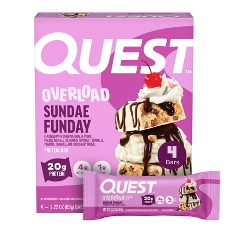 Quest Overload 20g Protein Bar, Sundae Funday Flavor, Protein Bars, Gluten-Free, 4 Count