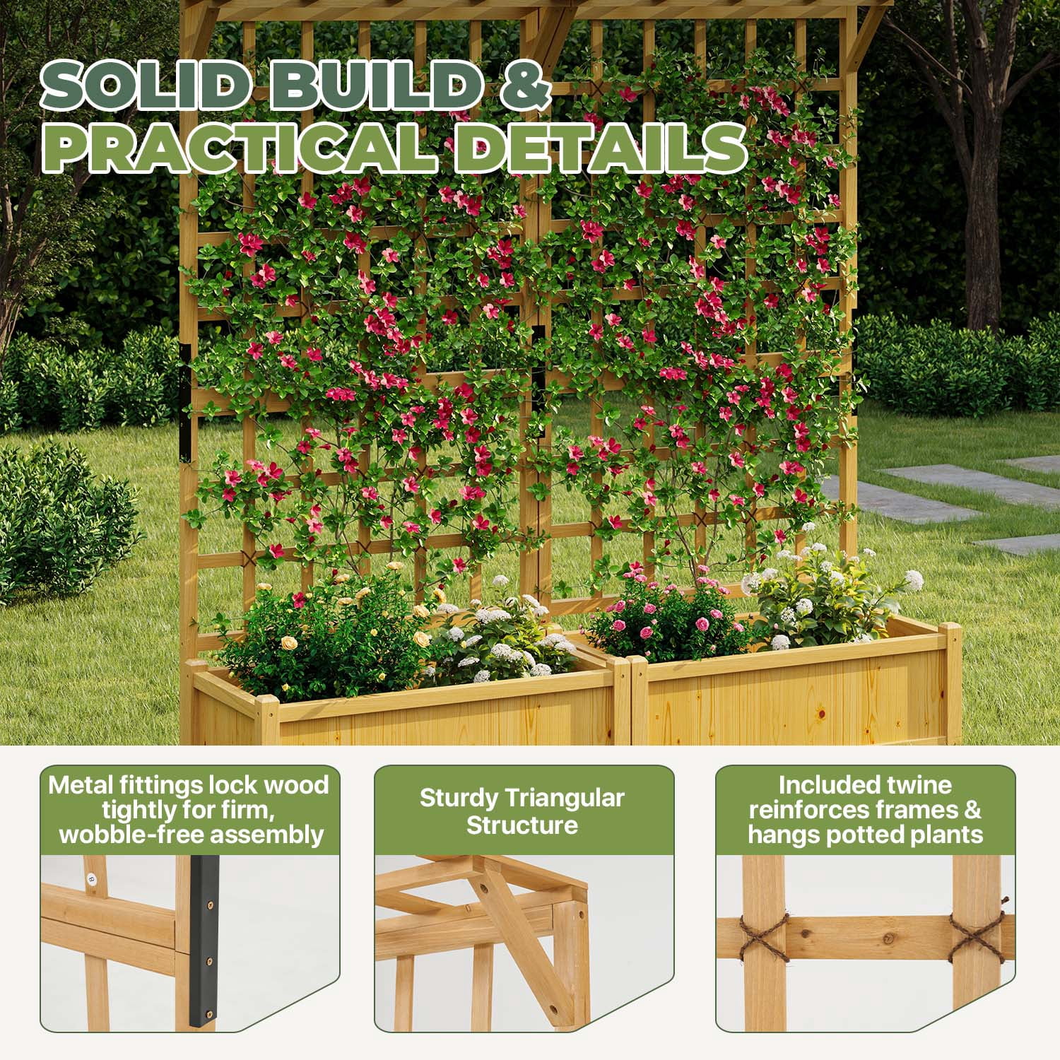 BaPiPro Yellow-Brown Tall Wood Planter Box with Trellis - 36" Raised Garden Bed with Hanging Roof, Outdoor Elevated Planter for Climbing Plants, Flowers - 2-Pack for Patio, Balcony