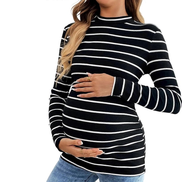 Maternity Striped Top Stretchable Cotton Polyester Blend Long Sleeve Shirt Comfortable Pregnancy Wear Whole Season Gift White 2XL