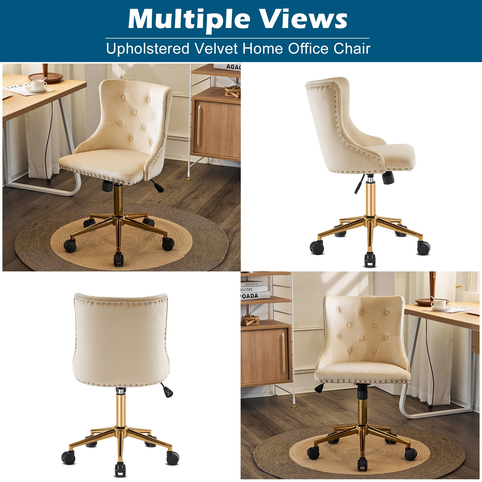 UBesGoo Armless Office Chair Flannel Computer Task Chair Adjustable Swivel Vanity Chair with Ergonomic Backrests and Wheels for Conference and Home Beige & Gold