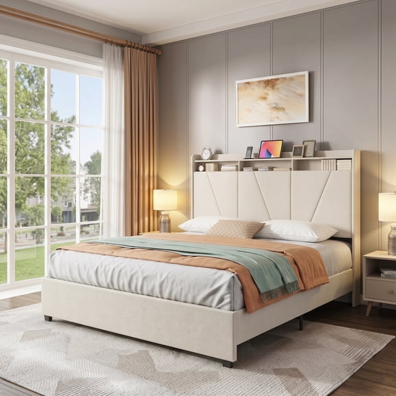 Sailvan Queen Velvet Bed Frame,Queen Size Upholstered Platform Bed Frame with 52" Tall Headboard & Storage, Noise Free, No Box Spring Needed, Beige
