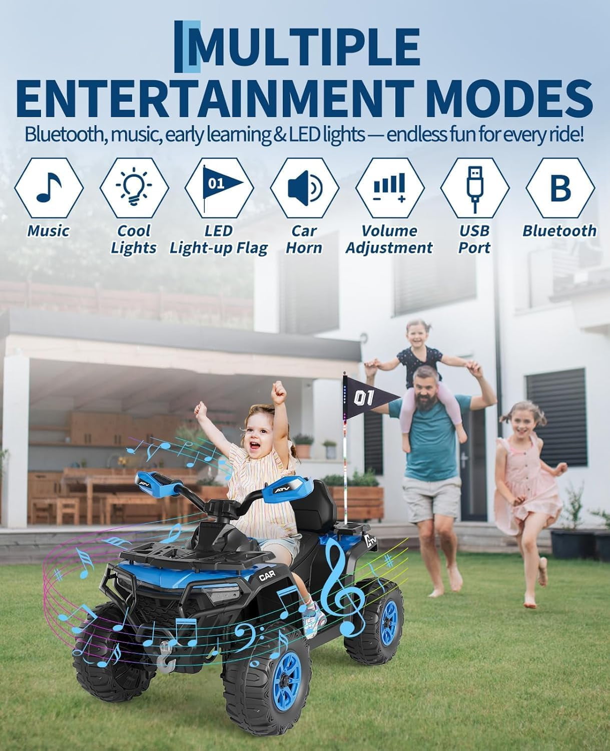 Historyli Powered Ride Ons,12V 4 Wheeler ATV,Ride on Eletric Motorcycle,2-Seater Electric Vehicle Toy Car with High&Low Speed,Music,Led Lights for 3-8 Years,Blue