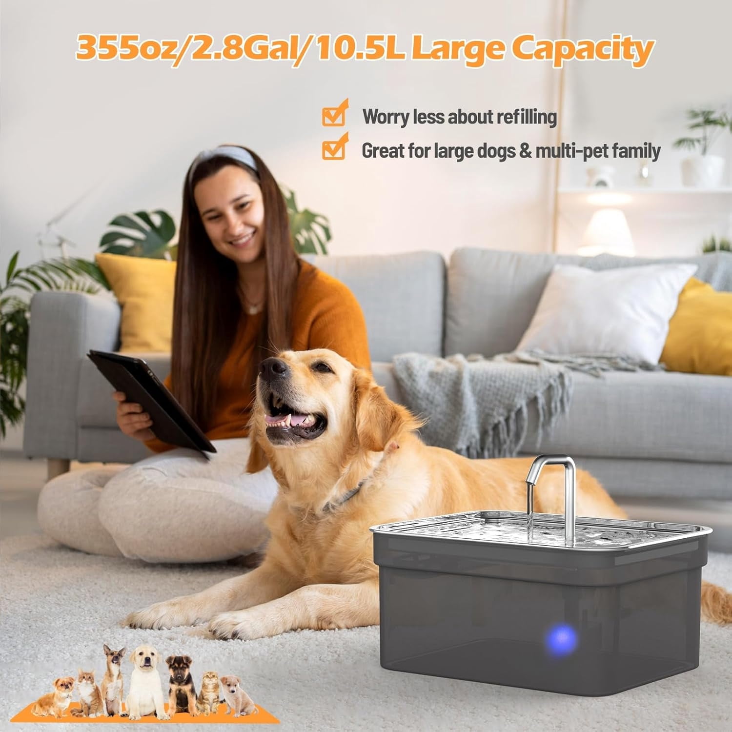2.8 Gallon Dog Water Fountain for Large Dogs, Stainless Steel Bowl, Automatic Pet Water Dispenser, Easy Clean Design for Dogs & Cats, Fresh Water All Day