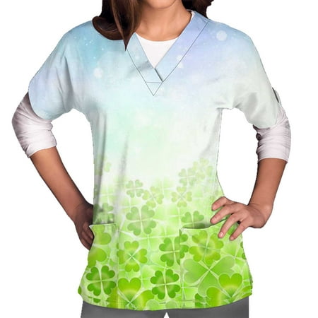 

KIJBLAE St.Patrick s Day Shirts for Women Clover Print Tops Working Uniform Clothes for Girls Short Sleeve Tees Scrub Pocket Blouses V-Neck T-shirt Blue L Sales