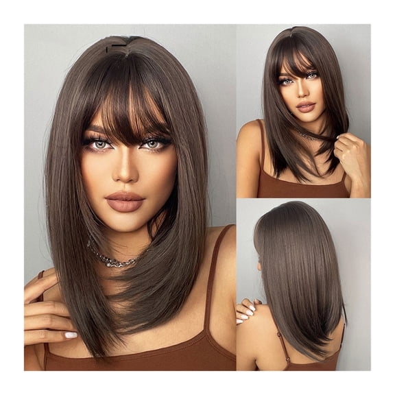 Dark Brown BoBo Synthetic Wig with Bangs Shoulder Length Straight Wig for Women Cosplay Daily Hair Wig Heat Resistant Fibr