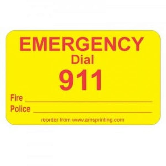 Emergency 911 Phone Stickers, 10 Laminated Stickers on Yellow Gloss with Red Ink. Permanent and Self-adhesive labels. Label Size: 2"(w) x 1 1/4"(h)