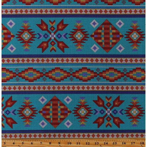 Cotton Southwestern Stripes Beadwork-Look Aztec Tribal Designs Pixelated Tucson Turquoise Cotton Fabric Print by the Yard (450TURQUOISE)