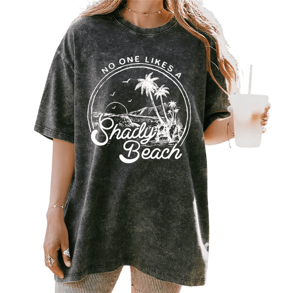 Vintage Black "No One Likes A Shady Beach" Palm Tree Sunset Washed Graphic Oversized T-shirt Funny Beach Vacation Casual Tops S-2XL