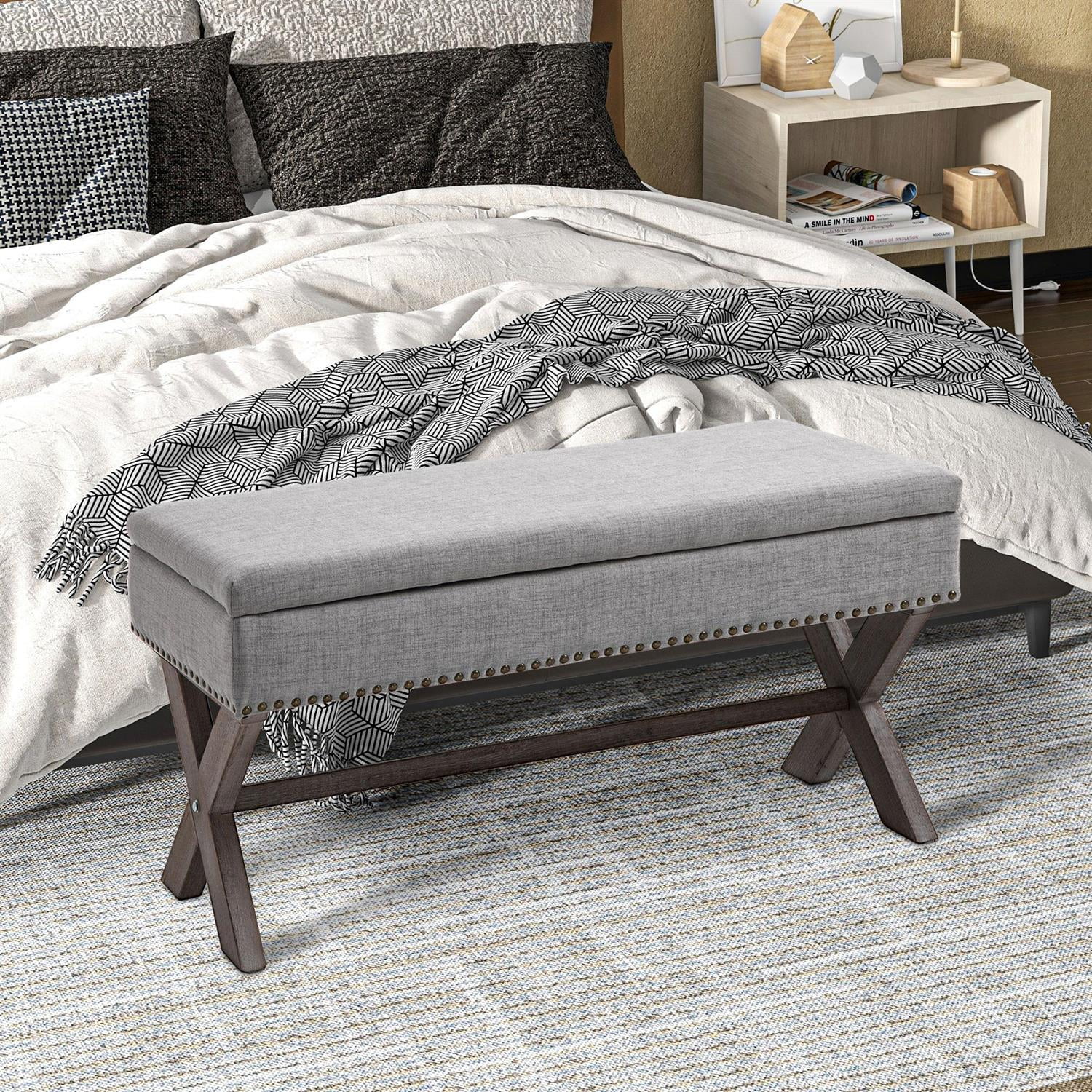 Demi Bonn 35" Upholstered Storage Bench with Hidden Space and Wood Legs for Living Room, Entryway and Bedroom Spaces, Gray