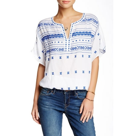 Lucky Brand NEW White Blue Boho Embroidered Size Large L Blouson Blouse $99 DEAL