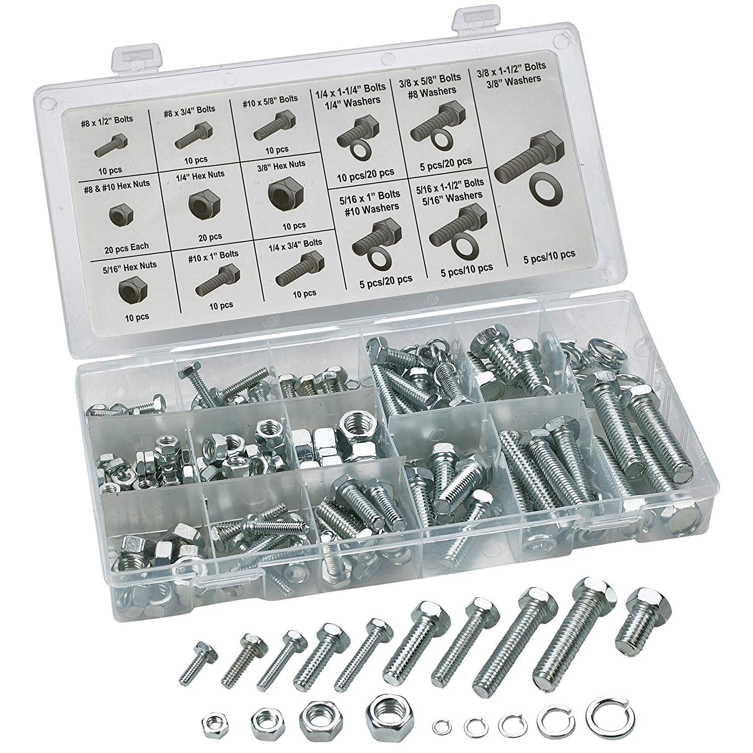 240 Piece Standard Nuts and Bolts Set Zinc Oxide Finish Bolts, Hex
