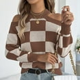 thumbnail image 5 of Cnbwig Women's Pullover Sweater Casual Off The Shoulder Color Blocking Checkered Long Sleeved Knitted Sweater Loose Knitwear for Womens Z1-Coffee L, 5 of 7