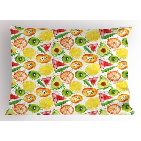 Fruits Pillow Sham Paintbrush Mixed Plants Seed Splash Watermelon Peach Avocado Design, Decorative Standard Size Printed Pillowcase, 26 X 20 Inches, Yellow Orange Fern Green, by (Best Way To Plant Avocado Seed)