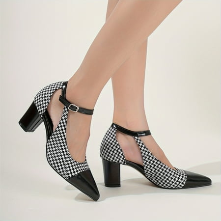 

Classy Women s Houndstooth Chunky Heel Shoes - Comfortable Soft Sole with Adjustable Ankle Strap - Perfect for Elegant Occasions