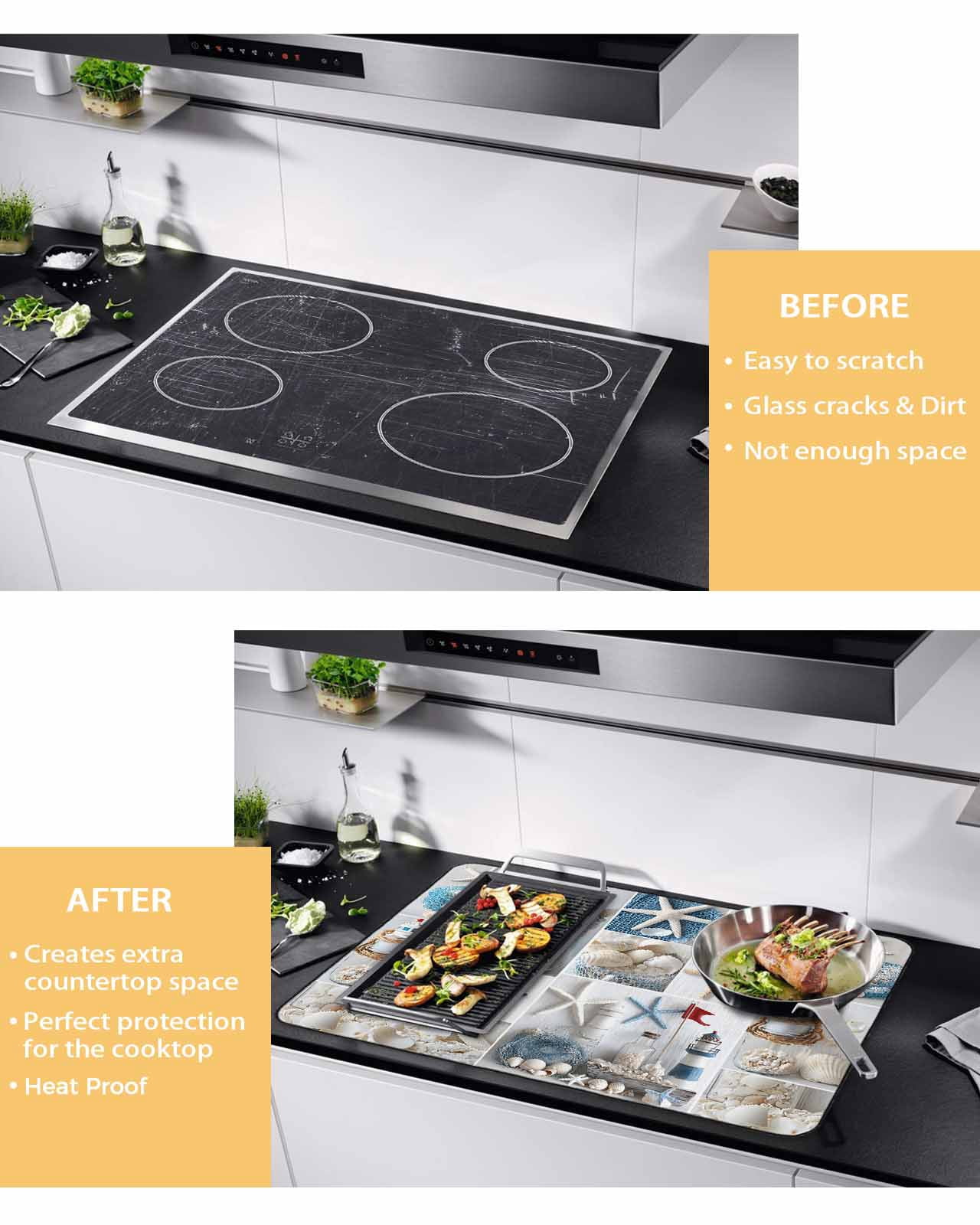 nqOlkjepod Large Induction Cooktop Protector Mat 36"x21", Starfish Stove Top Covers for Electric Stove, Ocean Shell Coastal Nautical Flag Light-house Stove Burner Cover Mats, Glass Top Stove Cover