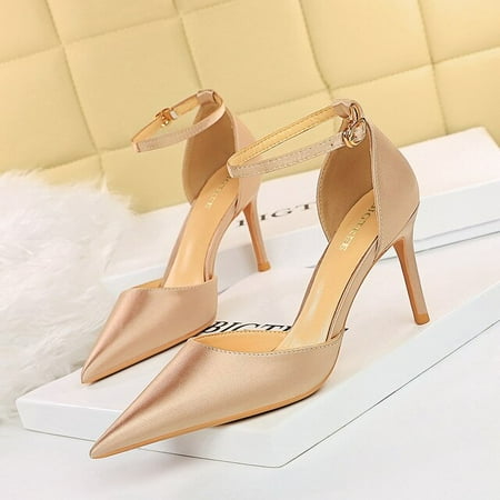

New Thin High Heels Women Casual Elegant Pointed Toe Satin Buckle Dress Shoes Pumps Hollow Sandals Fashion Spring Summer Autumn