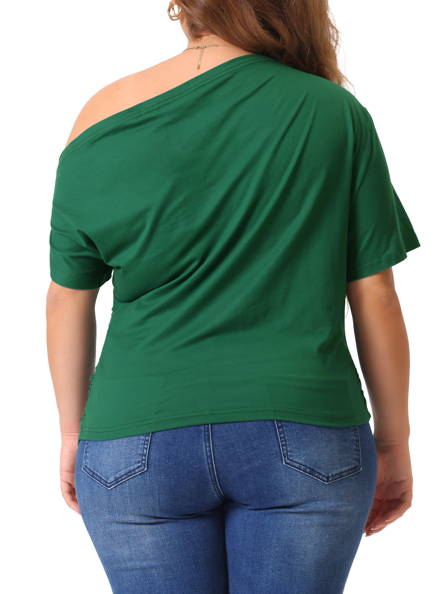 Women's Plus Tops One Shoulder Short Sleeve Ruched Basic Blouses Summer Tee Tops 2X Dark Green