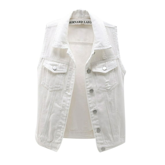 Gureui Womens Cropped Denim Vest Sleeveless Solid Color Ripped Washed Button Down Oversized 90s Boyfriend Jean Jacket Outerwear
