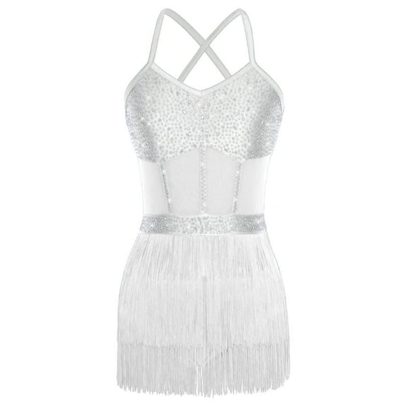 iiniim Womens Sleeveless Rhinestone Latin Dance Bodysuit Tassel Fringe Leotard Dress for Competition White M