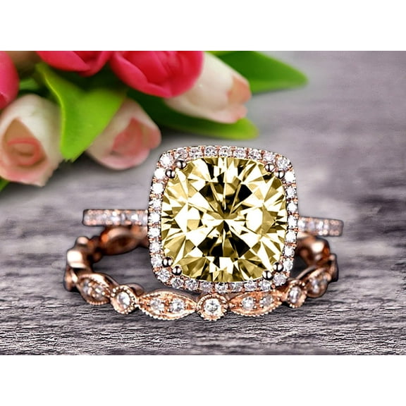 2.55 Carat Classic 7mm Cushion Champagne Diamond Moissanite wedding Bands Engagement Ring on 10k Rose Gold