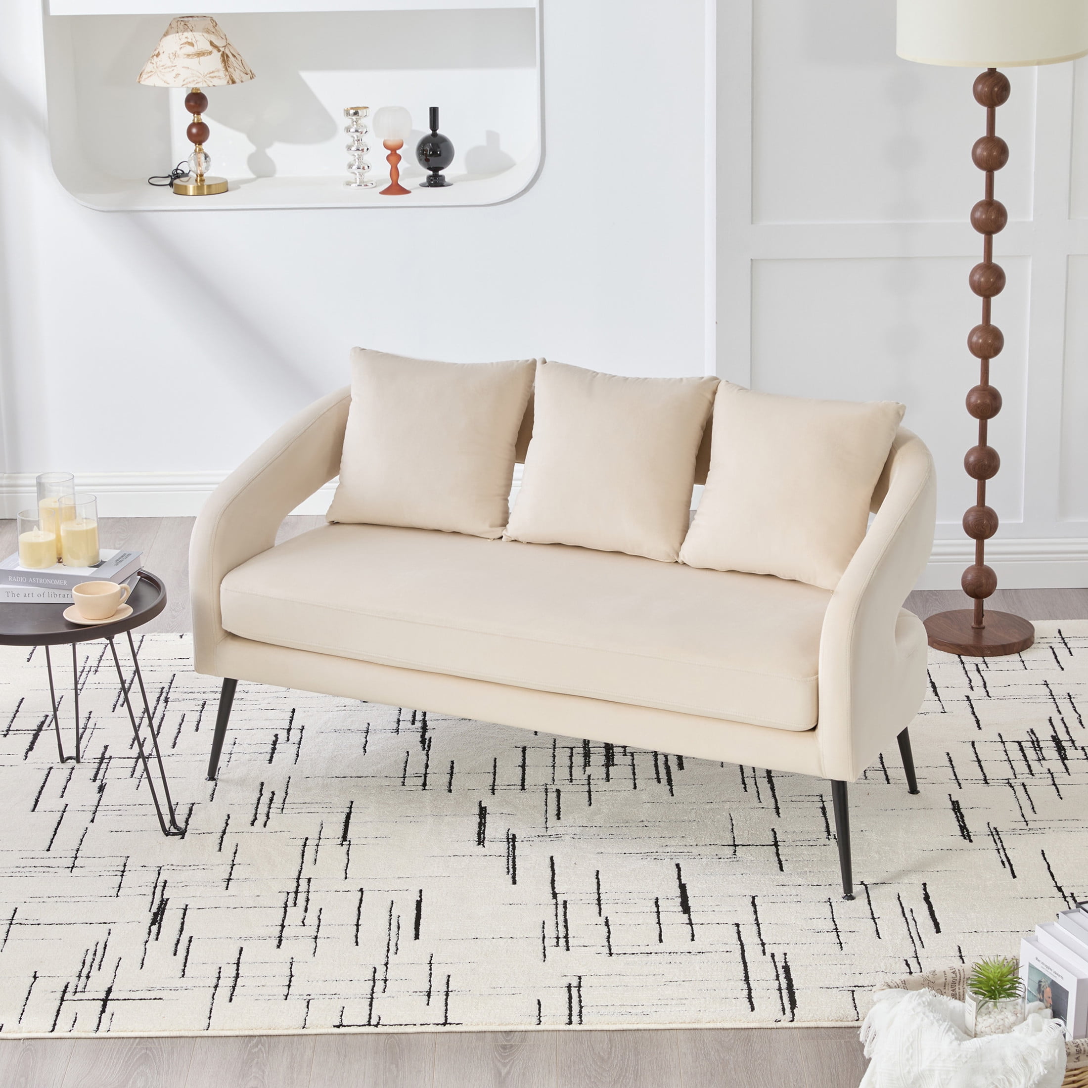 Noble House Norford 53.7" Velvet Open-Back Loveseat Settee, 2-Seater Small Sofa with Pillows and Metal Legs, Beige