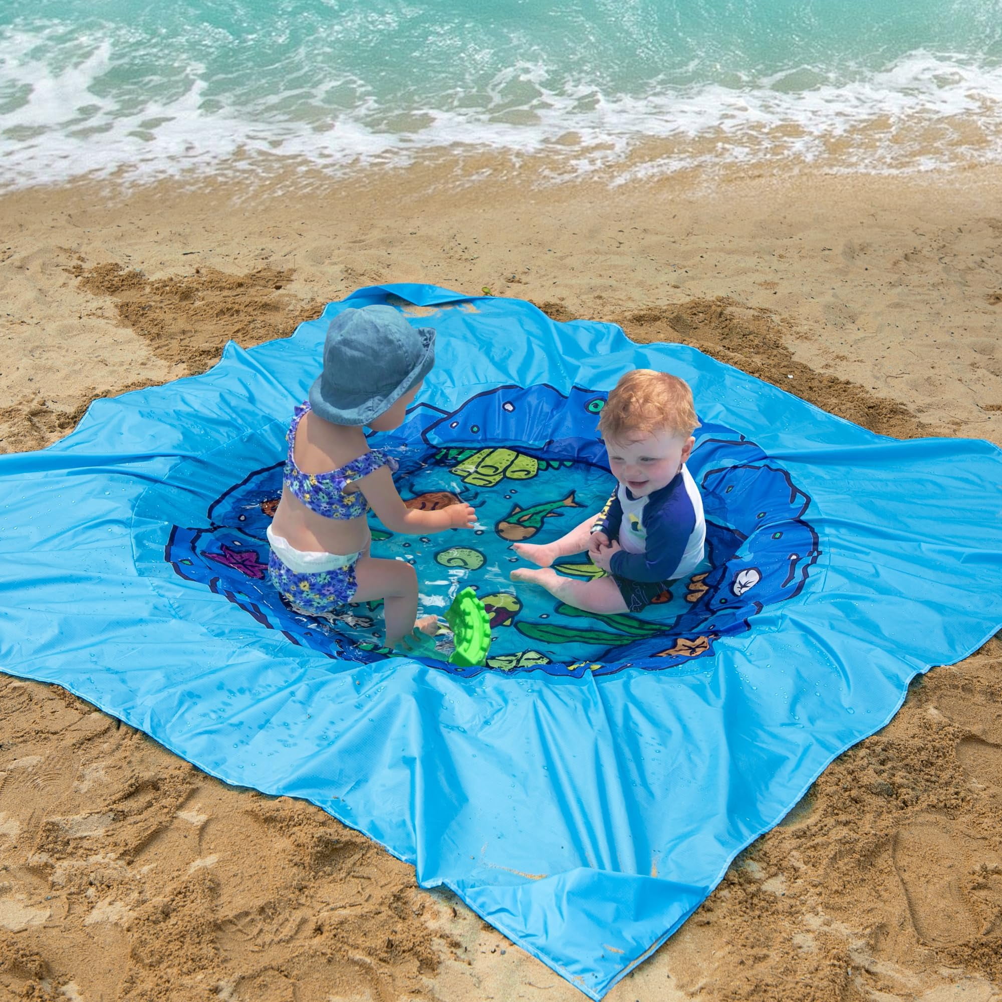 Ebaokuup 6.6 x 6.6 Ft Portable Baby Beach Pool, Waterproof Beach Pool Blanket for Toddler with Water Bag, Collapsible Beach Puddle Mat for Boys Girls Kids Infant Outdoor Summer Vacation