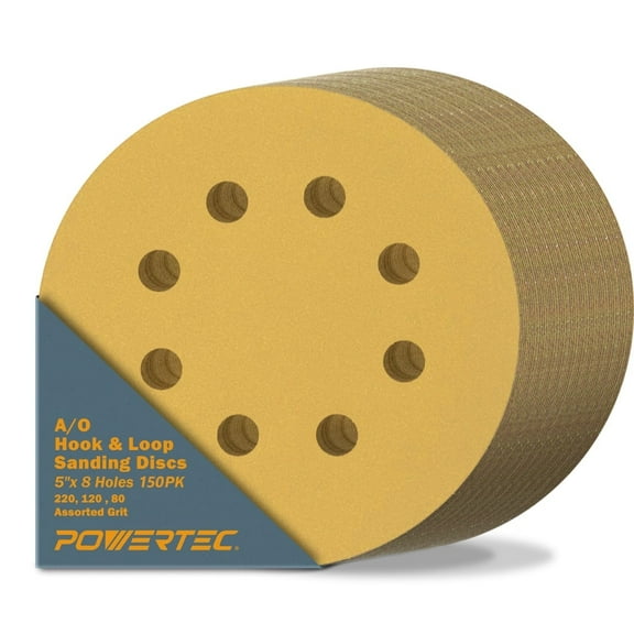 POWERTEC 150 PK 5 Inch 8 Hole Hook and Loop Sanding Discs, 80/120/220, Assorted Grits Sandpaper for Random Orbital Sanders, Air Sander, Pneumatic Sander, Auto Body Shop (44052G-150)