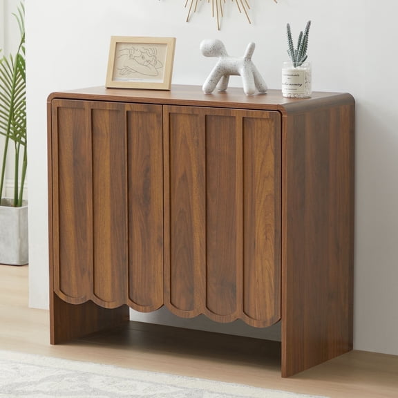 Wirrytor Wood Buffet Sideboard with 2 Wave Doors, Storage Cabinet with Adjustable Shelves for Living Room Dinning Room Kitchen, Walnut