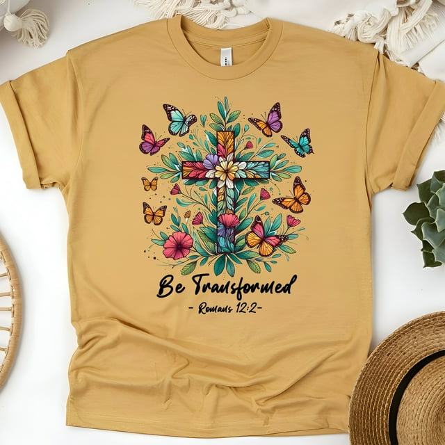Christian Be Transformed Romans 12:2 Cross and Butterfly T-Shirt, Gold, Size 3XL