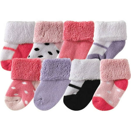 Terry Cloth Roll Cuff Crew Socks, 8-Pack (Baby Girls)