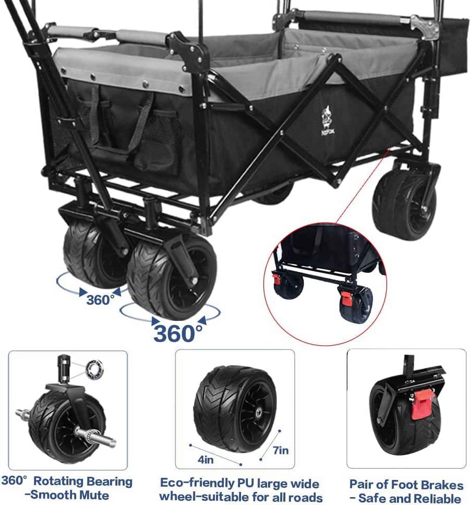 Collapsible Wagon Heavy Duty Folding Wagon Cart with Removable Canopy, 4  Wide Large All Terrain Wheels, Brake, Adjustable Handles,Cooler Bag Utility  Carts for Outdoor Garden Wagons Carts Beach Cart 