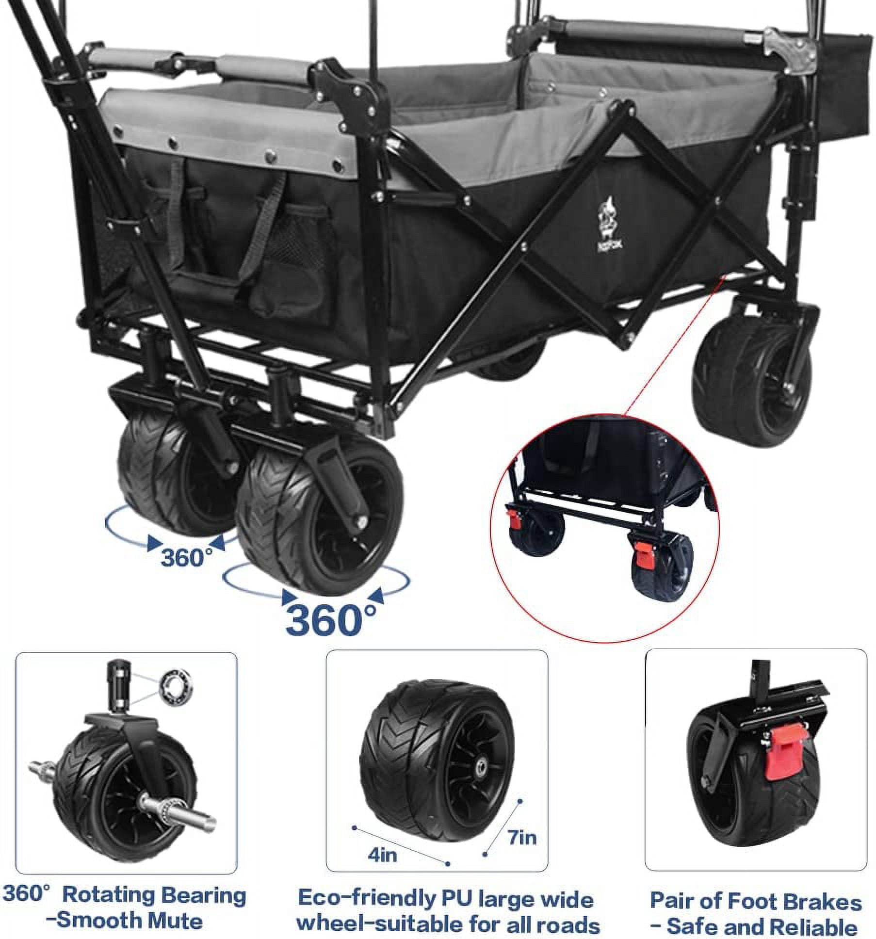 Collapsible Wagon 140L Wagons Carts Foldable with Removable Canopy, Folding Wagon Cart with Wheels for All-Terrain with Brake, Foldable Wagon with Cooler Bag, for Camping Beach Shopping