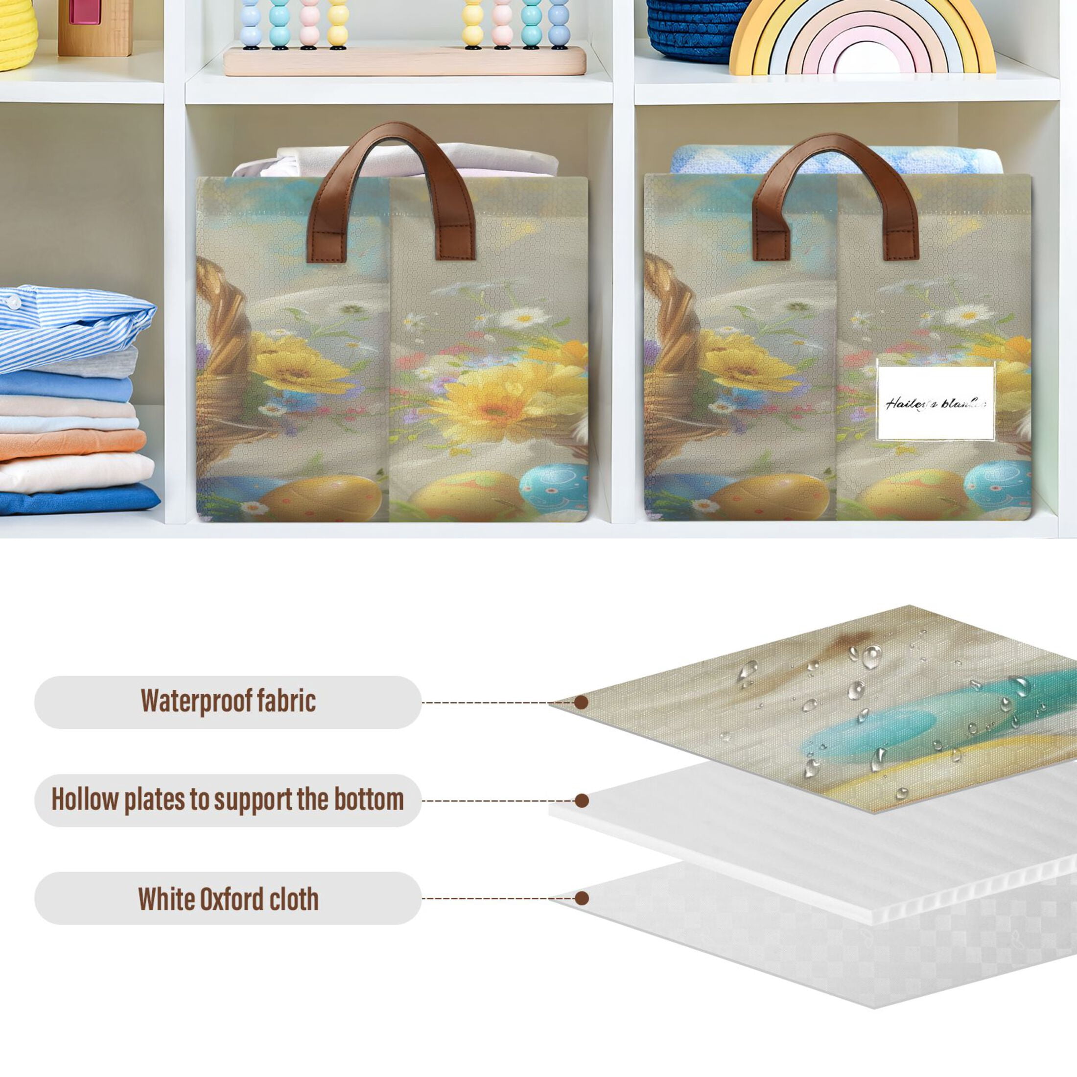 Collapsible Storage Bins Fabric Shelf Baskets with Handles Closet Organizer Easter Egg with Cat 16.9x11.4x10