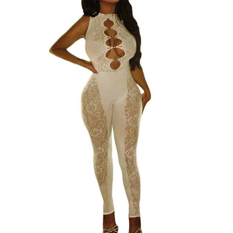 Gureui Women Bodycon One Piece Jumpsuits Sexy Sleeveless Mesh See